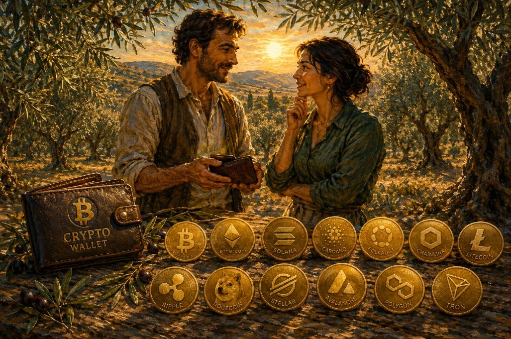 Dos personas en un olivar, un monedero de criptomonedas y 13 monedas